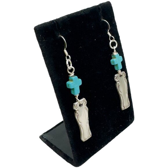 Vintage Spoon Handle Earrings With Turquoise Cross Accents & 925 Silver Hooks - Picture 6 of 12